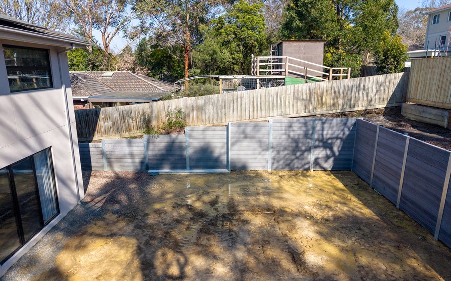The site from above, and the usable area the 650 cubic metre cut produced
